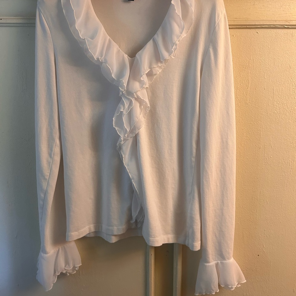 Jones New York White Ruffle Trim Blouse